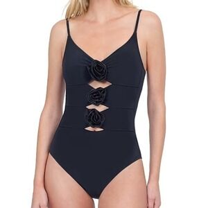 Gottex Womens Black One Piece Cutout Swimsuit Rose Bud Detail Size 8 NWT